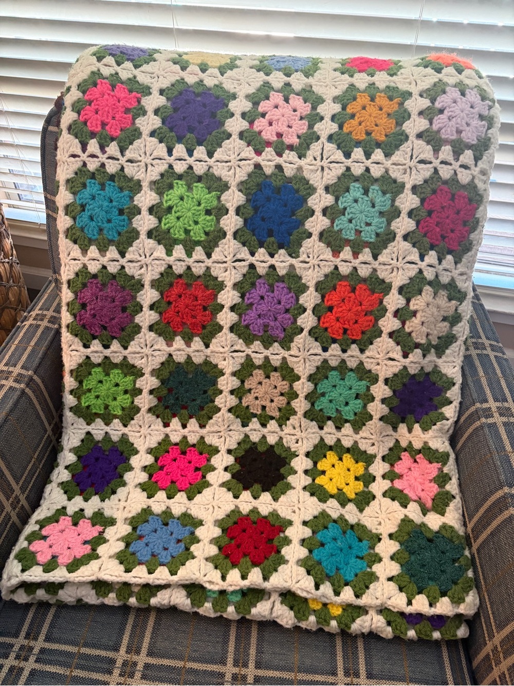 Beautiful Handmade Grandma Square Quilt, Multicolor w/ Chocolate Boarder - Picture 2 of 5